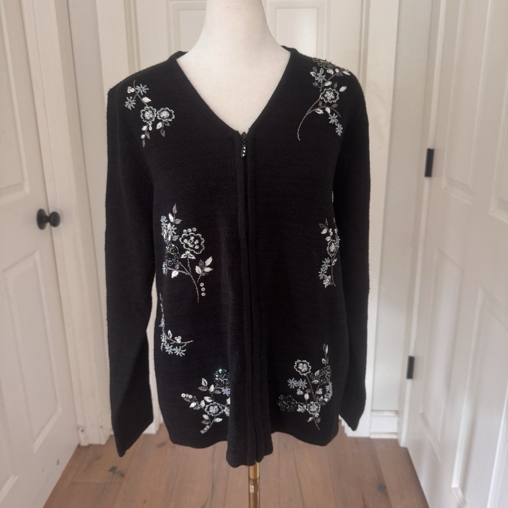 Vtg Allison Daley Black Floral Beaded Embroidered Zip Cardigan Sz S Grannycore